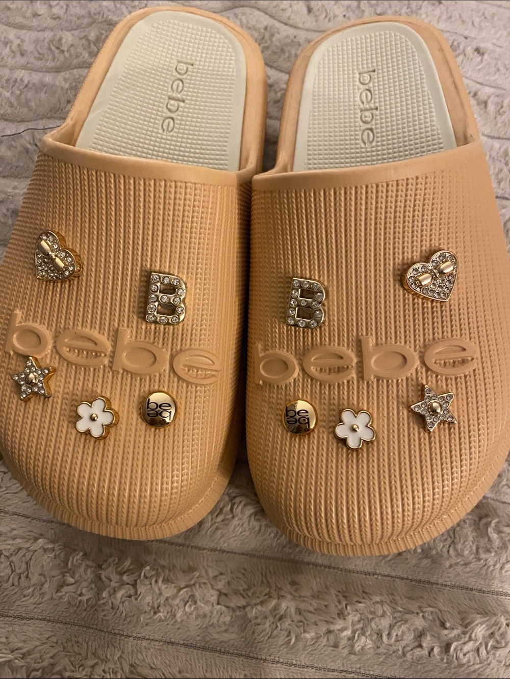 bebe Light Pink Slide Clogs with Gold & Rhinestone Charms